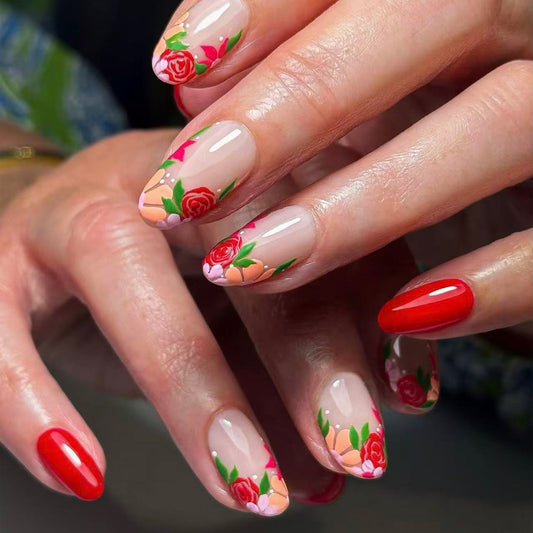 Garden Serenity Elegant Long Almond Rose-Tipped Press-On Nail Set with Glossy Red Accent