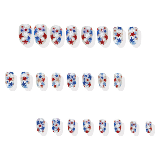 Stars and Stripes Festivity Medium Oval Red Blue White Starry Press On Nail Set with Glossy Finish