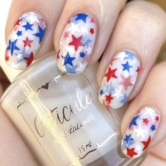 Starry Celebration Medium Squoval Transparent Nail Set with Colorful Star Designs