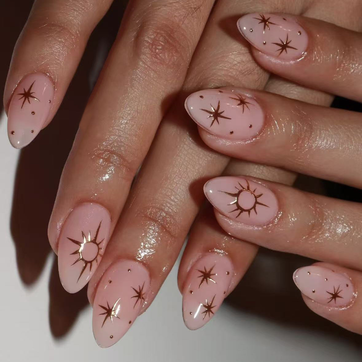 Celestial Dream Chic Medium Almond Blush Pink with Shimmering Star Accents Nail Set