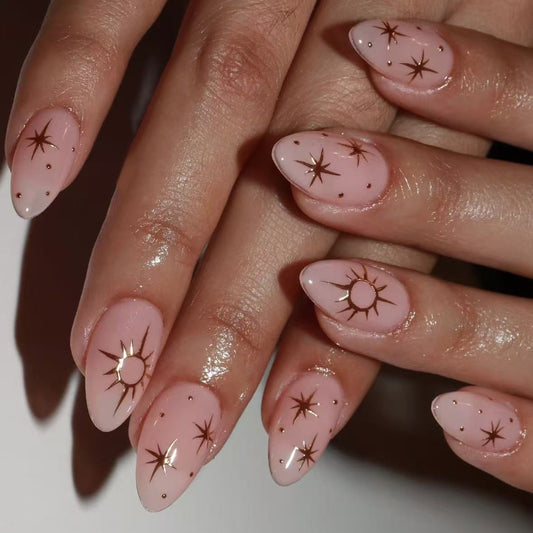 Celestial Dream Chic Medium Almond Blush Pink with Shimmering Star Accents Nail Set