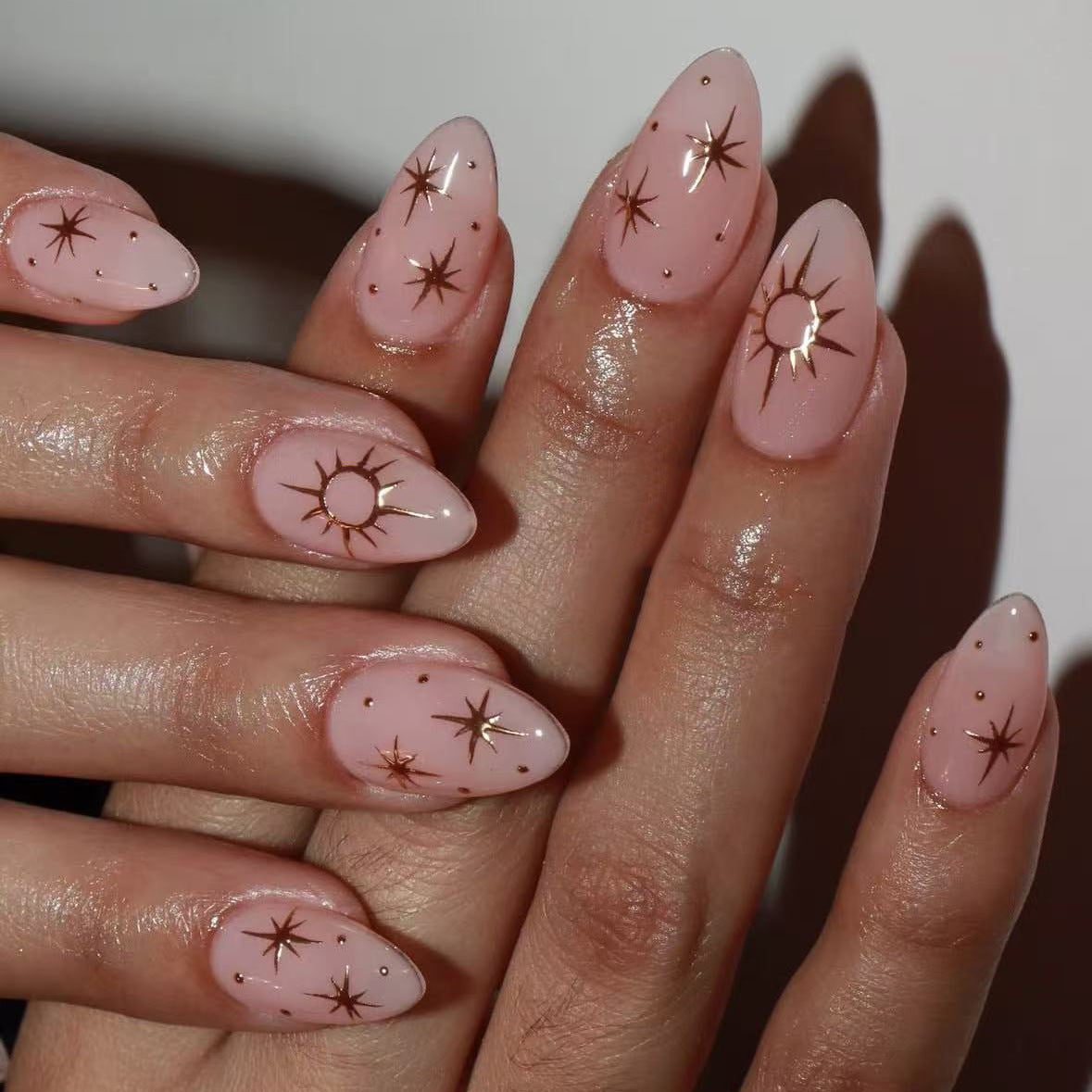 Celestial Dreamy Medium Almond Shaped Blush Pink Press On Nail Set with Starry Gold Accents