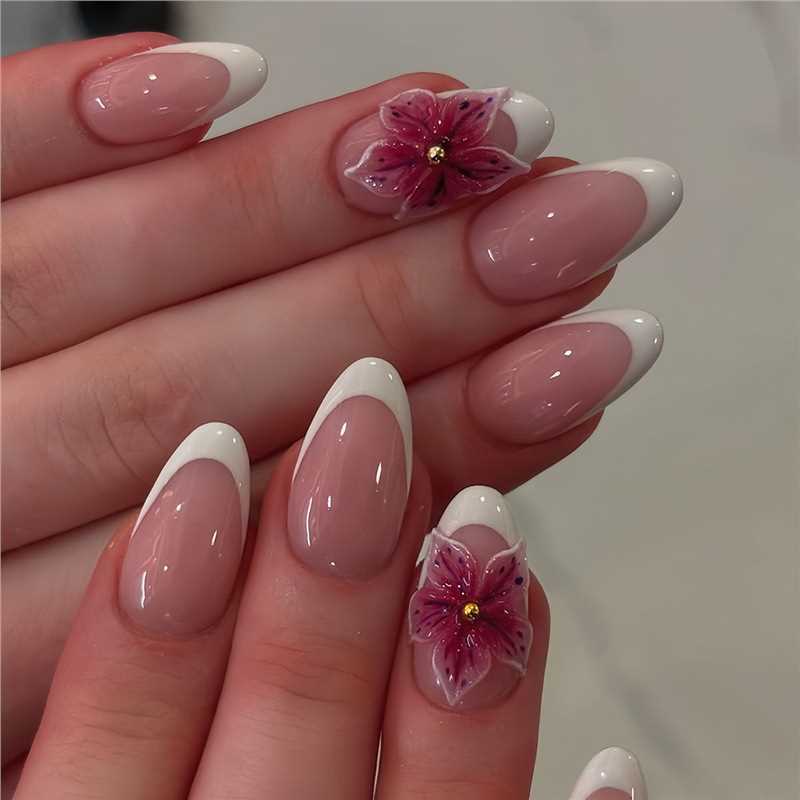 Floral Elegance Medium Almond Pink with White Tip and Unique Blossom Accent Press On Nail Set