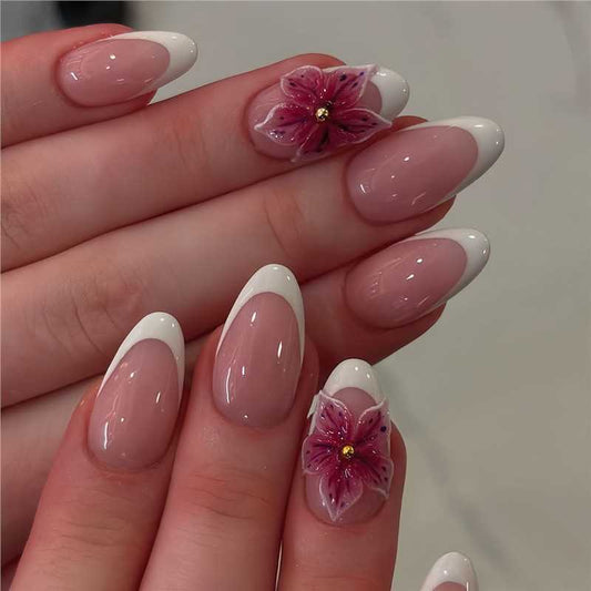 Floral Elegance Medium Almond Pink with White Tip and Unique Blossom Accent Press On Nail Set