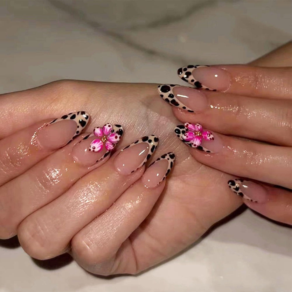 Wildflower Elegance Medium Almond Pink and Black Leopard Print with Floral Accent Press On Nail Set