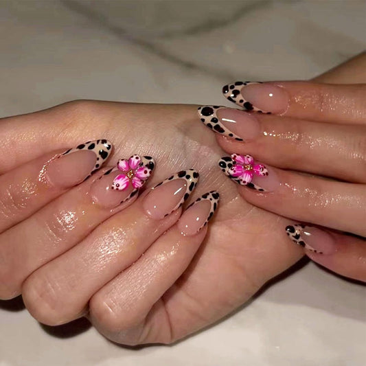 Wildflower Elegance Medium Almond Pink and Black Leopard Print with Floral Accent Press On Nail Set
