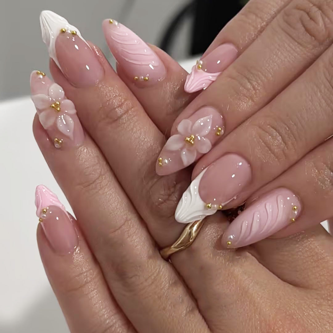 Blooming Elegance Medium Almond Pink and White Floral Press-On Nail Set with Gold Accents