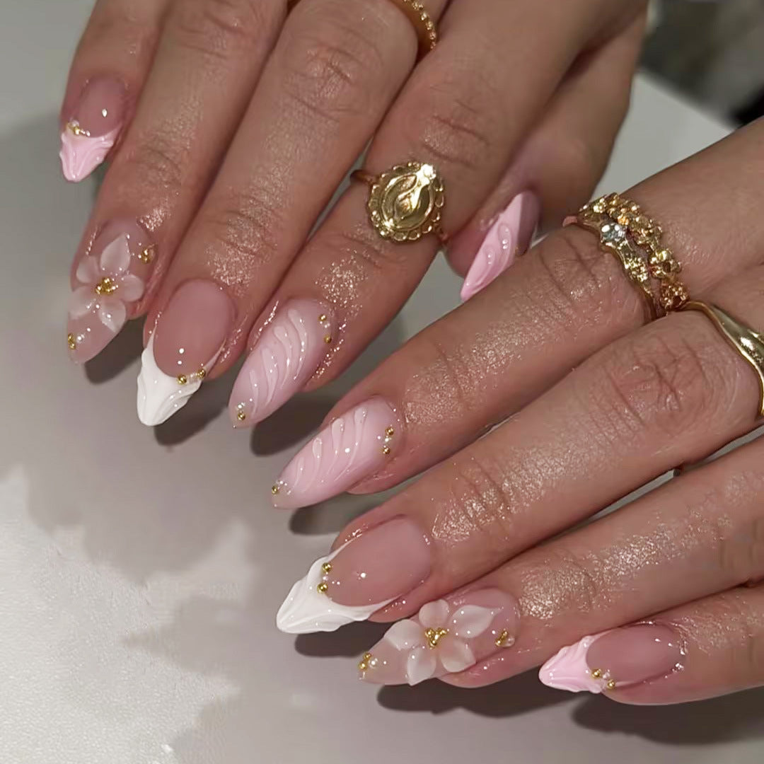 Blossom Garden Medium Almond Pink and White Press on Nails with Floral and Gold Accent Design