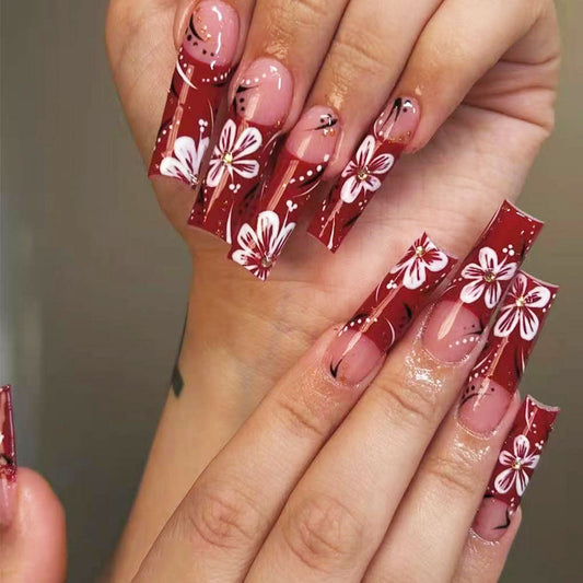 Floral Fantasy Long Square Burgundy Press On Nail Set with Charming White Flower Accents