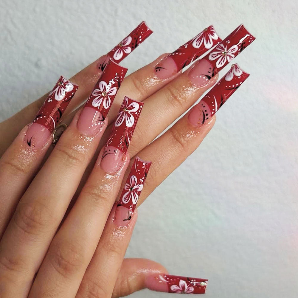 Tropical Paradise Long Square Red Floral Press On Nail Set with Glossy Finish