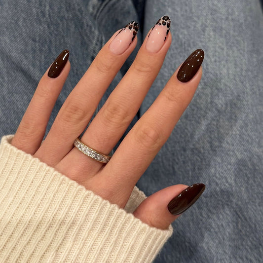 Chic Elegance Long Almond Brown and Pink Gradient with Unique Leopard Print Tip Press-On Nail Set