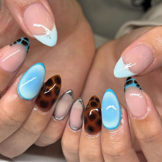 Ocean Breeze Chic Medium Almond Blue and Brown with Glittering Accents Nail Set