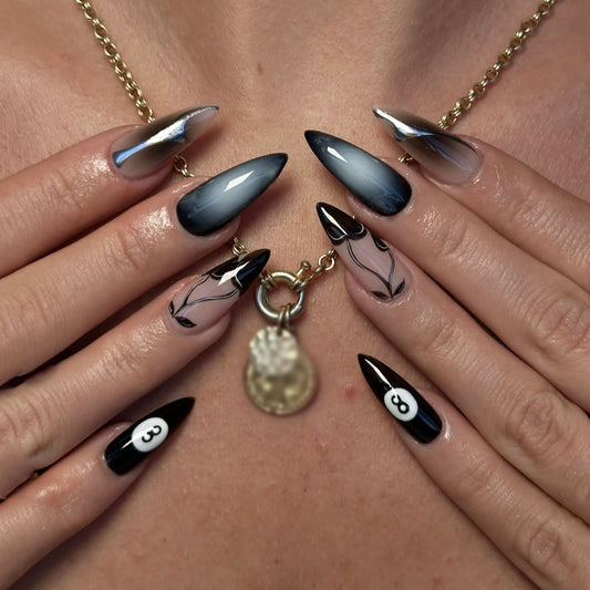 Enchanting Elegance Long Stiletto Ombre Black and Gray Press On Nail Set with Artistic Floral Design