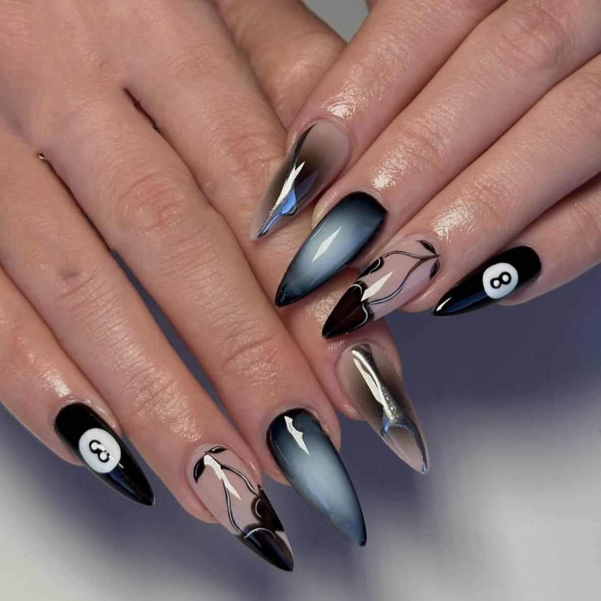 Mystical Elegance Long Stiletto Ombre Black and Gold with Unique Marble Accents Press On Nail Set