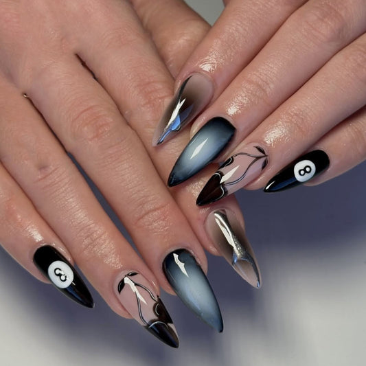 Mystical Elegance Long Stiletto Ombre Black and Gold with Unique Marble Accents Press On Nail Set