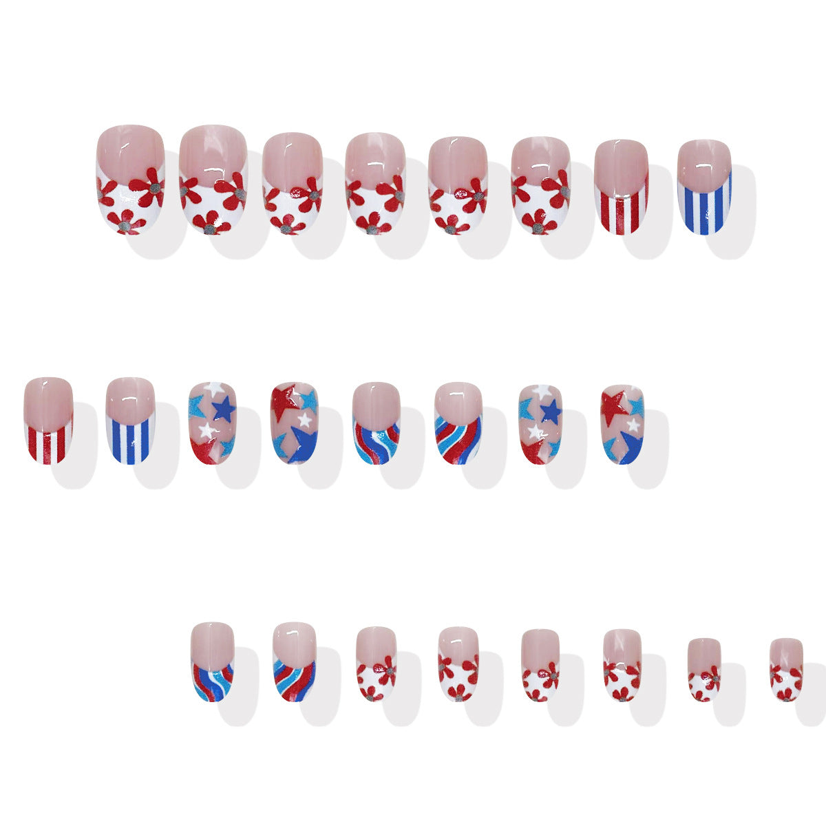 Patriotic Celebration Medium Oval Red and Blue Floral and Star Design Press-On Nail Set