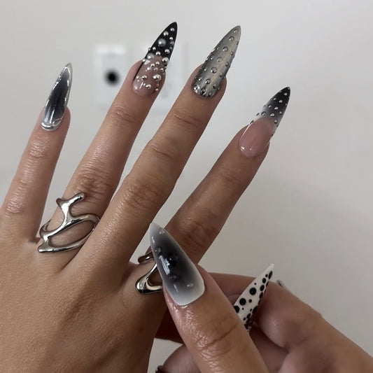 Gothic Glamour Long Stiletto Black and Grey Ombre Press On Nail Set with Stunning Pearl Accents