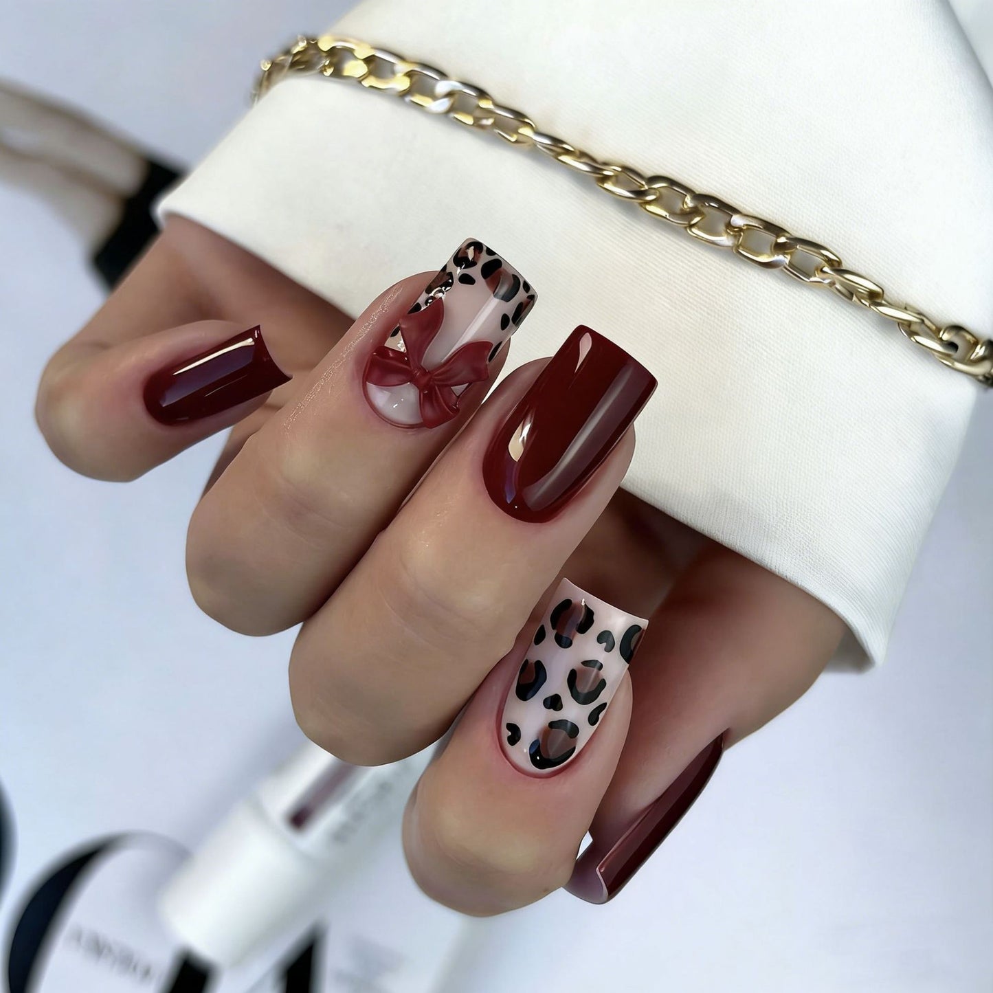 Elegant Wildflower Medium Square Burgundy with Leopard Accent and Charming Bow Press On Nail Set