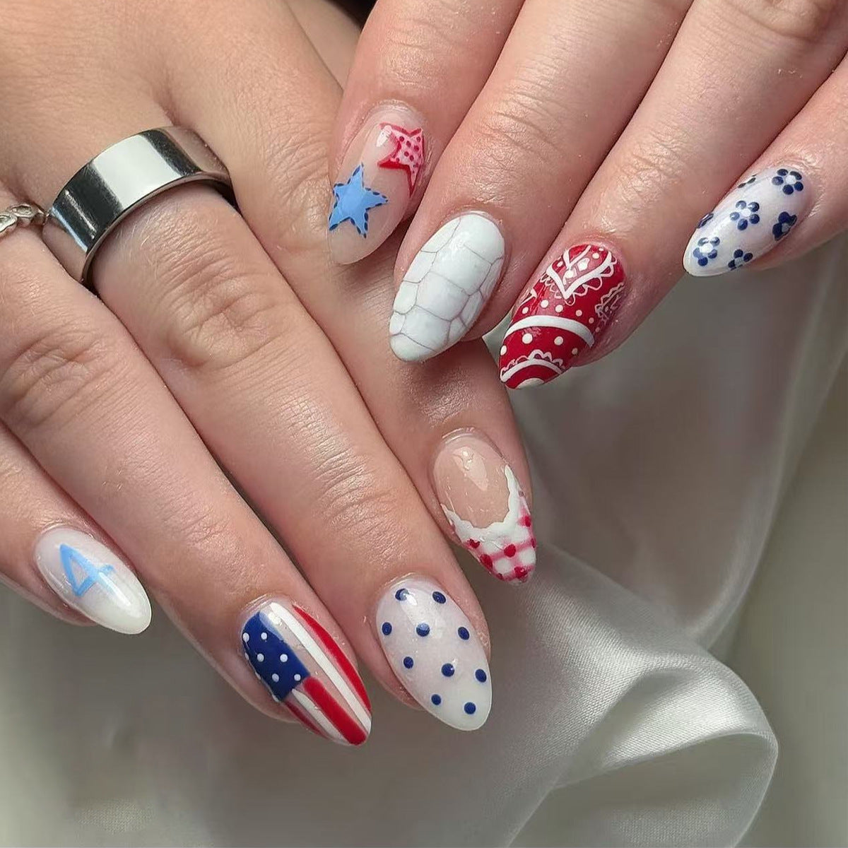 Patriotic Flair Medium Almond Red and Blue Press On Nail Set with Fun Star and Polka Dot Designs