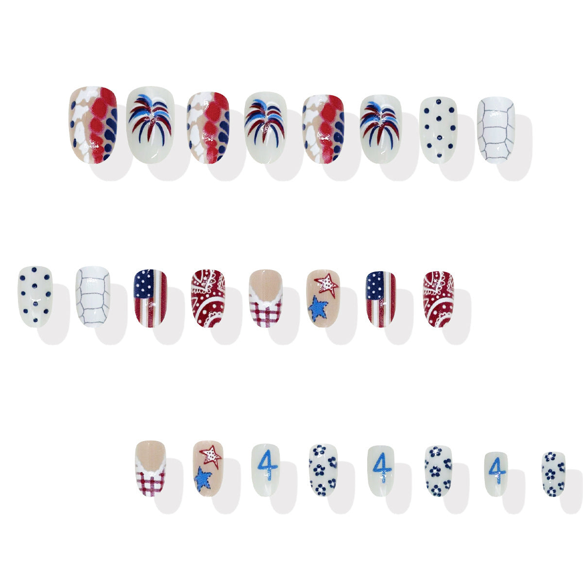 Patriotic Celebration Stylish Short Oval Red White and Blue Press On Nail Set with Festive Designs