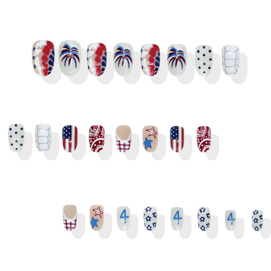 Patriotic Celebration Stylish Short Oval Red White and Blue Press On Nail Set with Festive Designs
