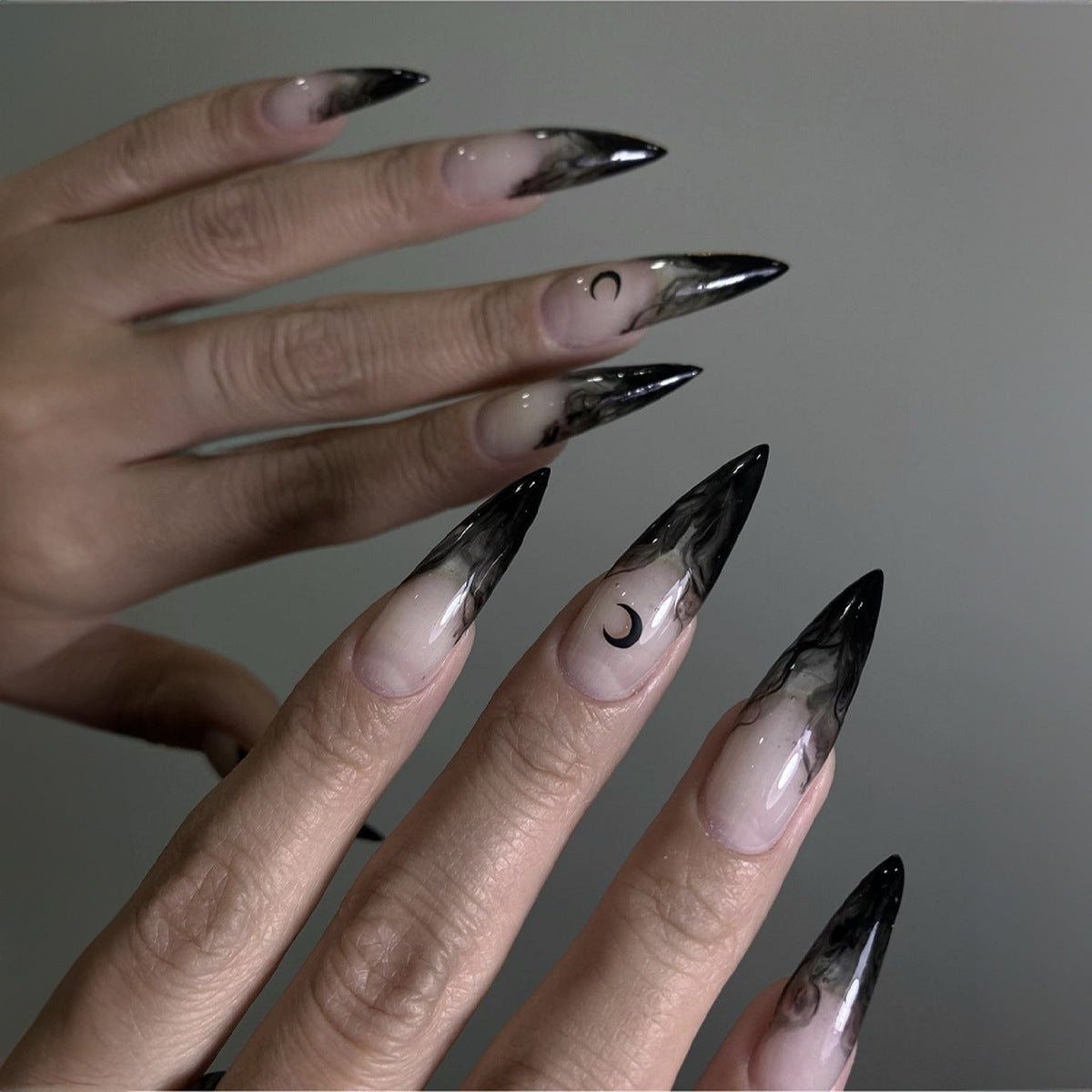 Celestial Dreams Extra Long Stiletto Press On Nails in Black Ombre with Moon Accent