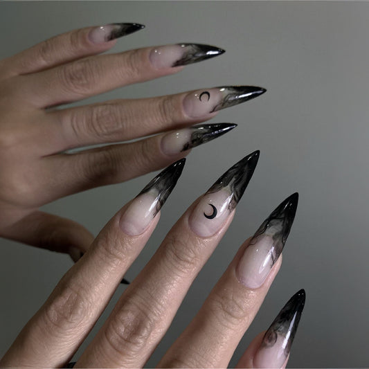 Celestial Dreams Extra Long Stiletto Press On Nails in Black Ombre with Moon Accent