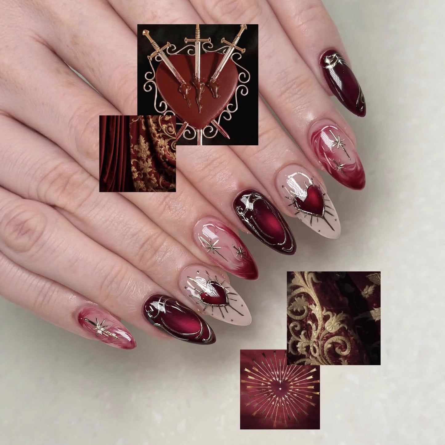 Medieval Romance Long Almond Red and Beige Press On Nail Set with Intricate Heart and Star Detailing