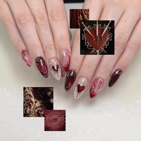 Romantic Elegance Long Almond Burgundy Nail Set with Heart and Star Accents