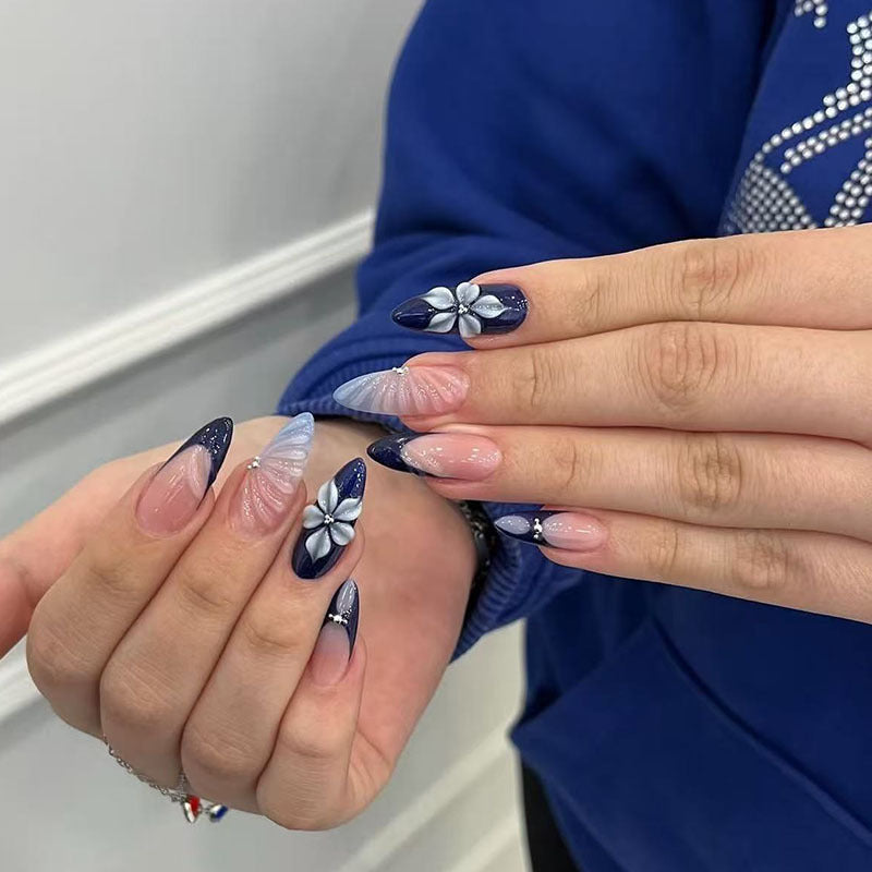 Ocean Dream Long Almond Ombre Blue and Pink Nail Set with Floral Accents