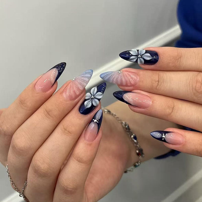 Whimsical Floral Fantasy Long Almond Gradient Blue Ombre Press On Nail Set with Elegant Three Dimensional Blossoms