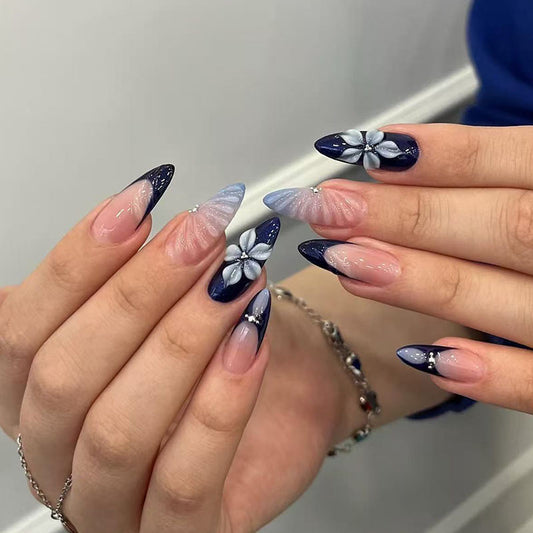Whimsical Floral Fantasy Long Almond Gradient Blue Ombre Press On Nail Set with Elegant Three Dimensional Blossoms