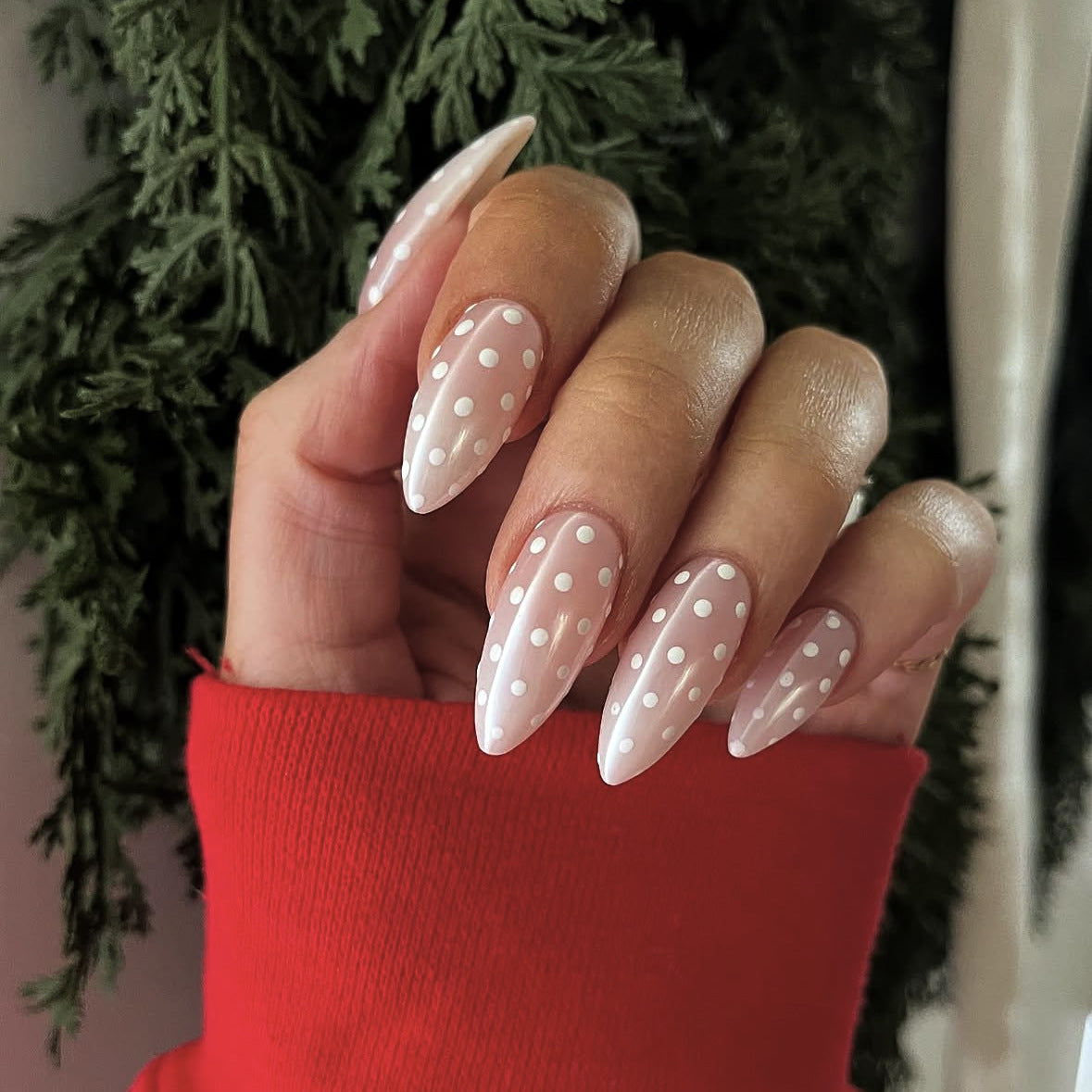 Whimsical Garden Long Almond White Nails with Charming Polka Dots