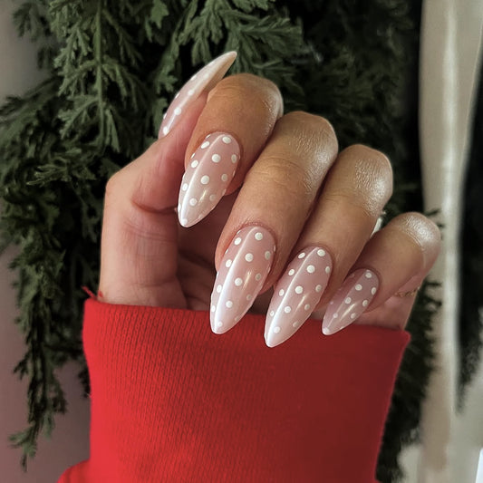 Whimsical Garden Long Almond White Nails with Charming Polka Dots