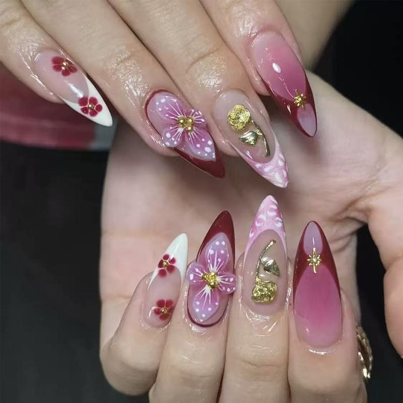 Enchanted Blossom Extra Long Almond Pink Gradient Nail Set with Floral and Gold Accents