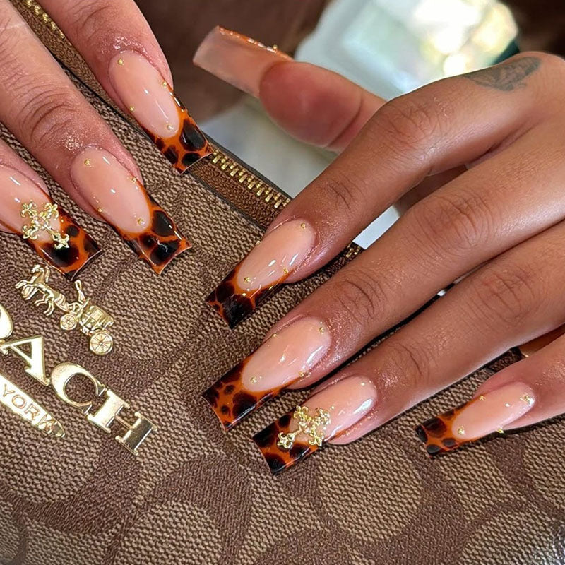 Tropical Elegance Long Square Beige with Tortoiseshell Tips and Dazzling Gold Accents Press On Nail Set