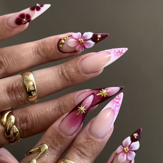 Glamorous Floral Fantasy Long Stiletto Pink and Burgundy Press on Nail Set with Elegant Gold Accents