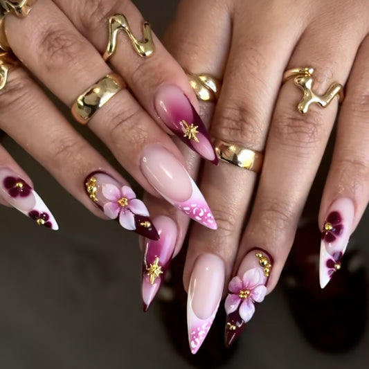 Blossom Elegance Fuchsia Long Stiletto Ombre with Floral Accents and Glitter Details Press-On Nail Set