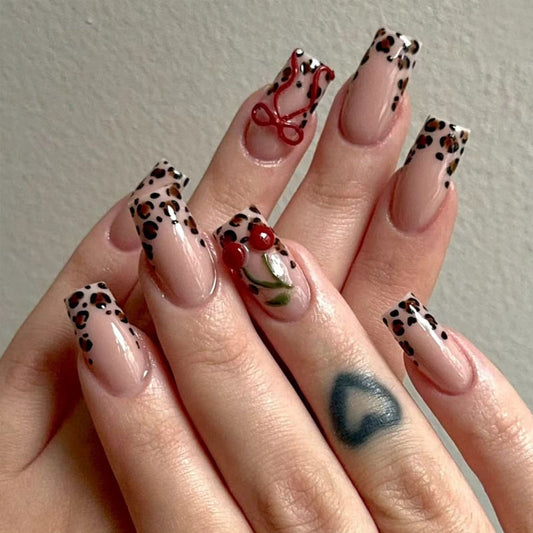 Savage Elegance Medium Square Beige Leopard Print Press On Nail Set with Cherry Accent