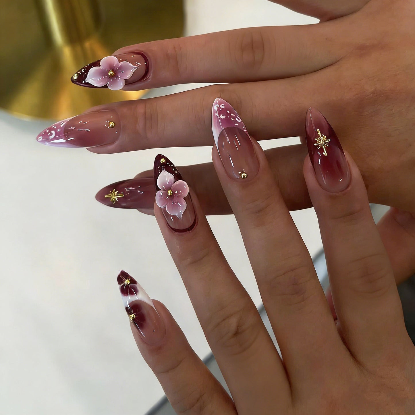 Blossoming Elegance Long Almond Shaped Soft Pink with Floral Accents Press On Nail Set