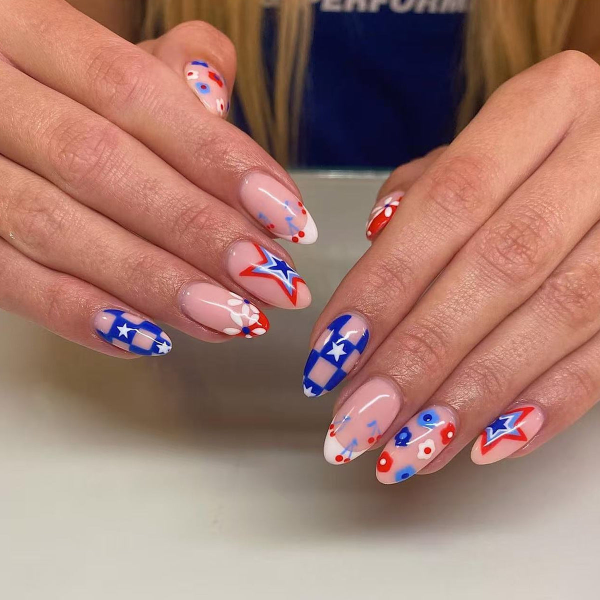 Patriotic Charm Medium Almond Blue Red Stars Floral Press On Nail Set