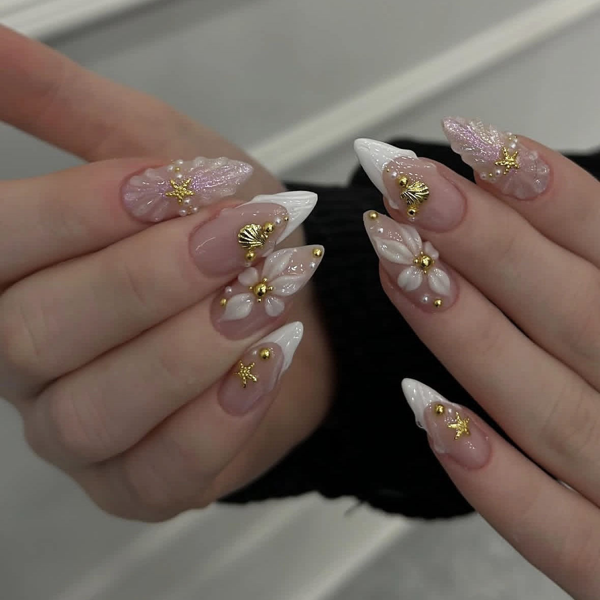 Seashell Elegance Long Almond Pink and White with Glitter and Shell Accents Press-On Nail Set