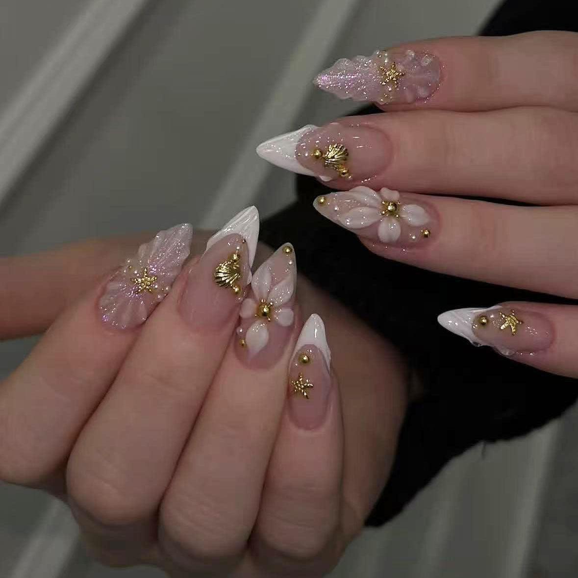 Whimsical Garden Long Almond White and Pink Floral Glitter Press-On Nail Set with Gold Accents