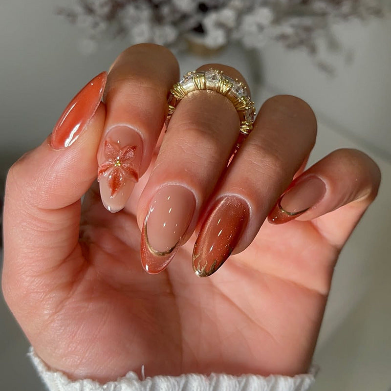 Autumn Bliss Long Almond Soft Peach with Floral Accent Nail Set