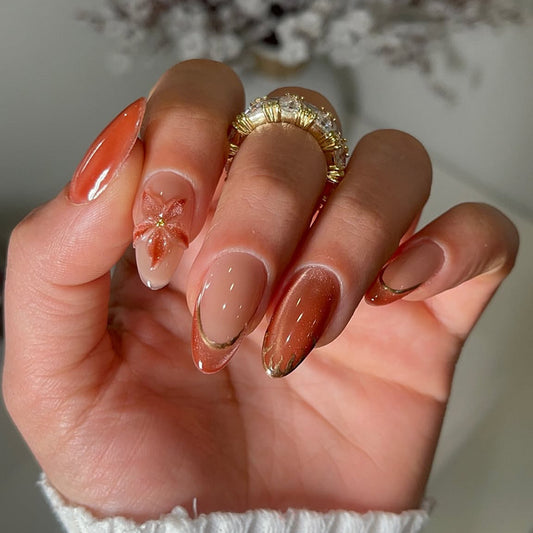 Autumn Bliss Long Almond Soft Peach with Floral Accent Nail Set