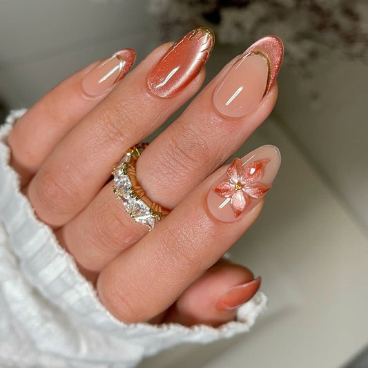 Blossom Dream Medium Press-On Nail Set Almond Shape Coral Pink Gradient with Floral Accent