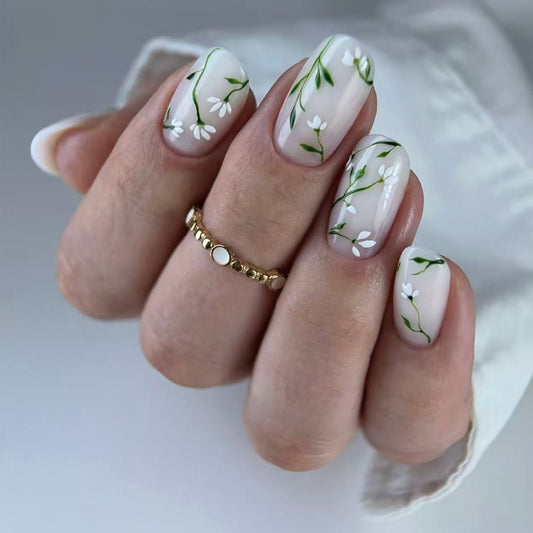 Floral Elegance Medium Round White with Green Floral Design Press On Nail Set
