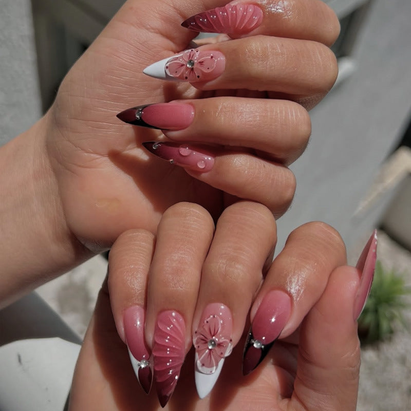 Garden Enchantment Long Stiletto Pink Ombre Press On Nail Set with Floral Embellishments