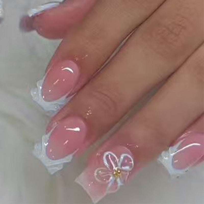 Blossom Elegance Medium Square Pink and White with Floral Accent Press On Nail Set