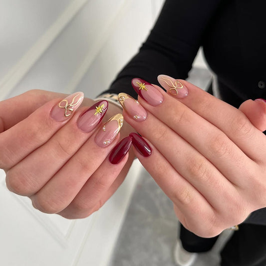 Celestial Elegance Long Almond Burgundy and Blush Ombre with Dazzling Gold Accents Press on Nail Set